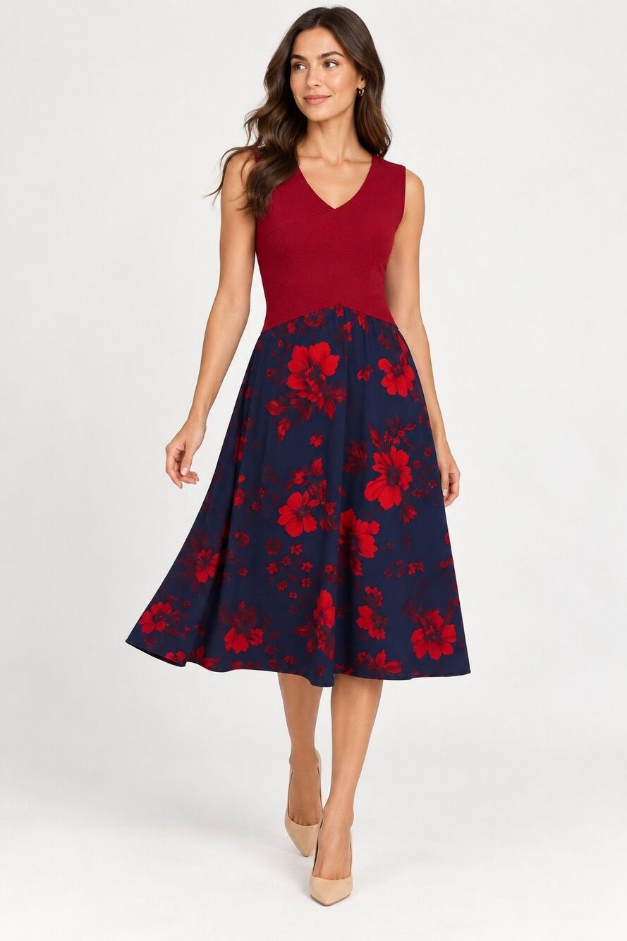 Sachin & Babi Crossover Red Knit Navy Floral Fit Flare Midi Dress Size 2